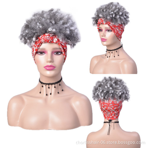 Wholesale Ombre Black Short Turban Wig Afro Headband Wig Kinky Curly Synthetic Wig With Headband Attached For Black Women